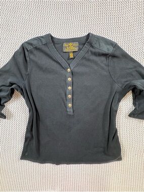 LRL Lauren Ralph Lauren Black Ribbed Henley Snap Top 100% Cotton Plus Size 1X